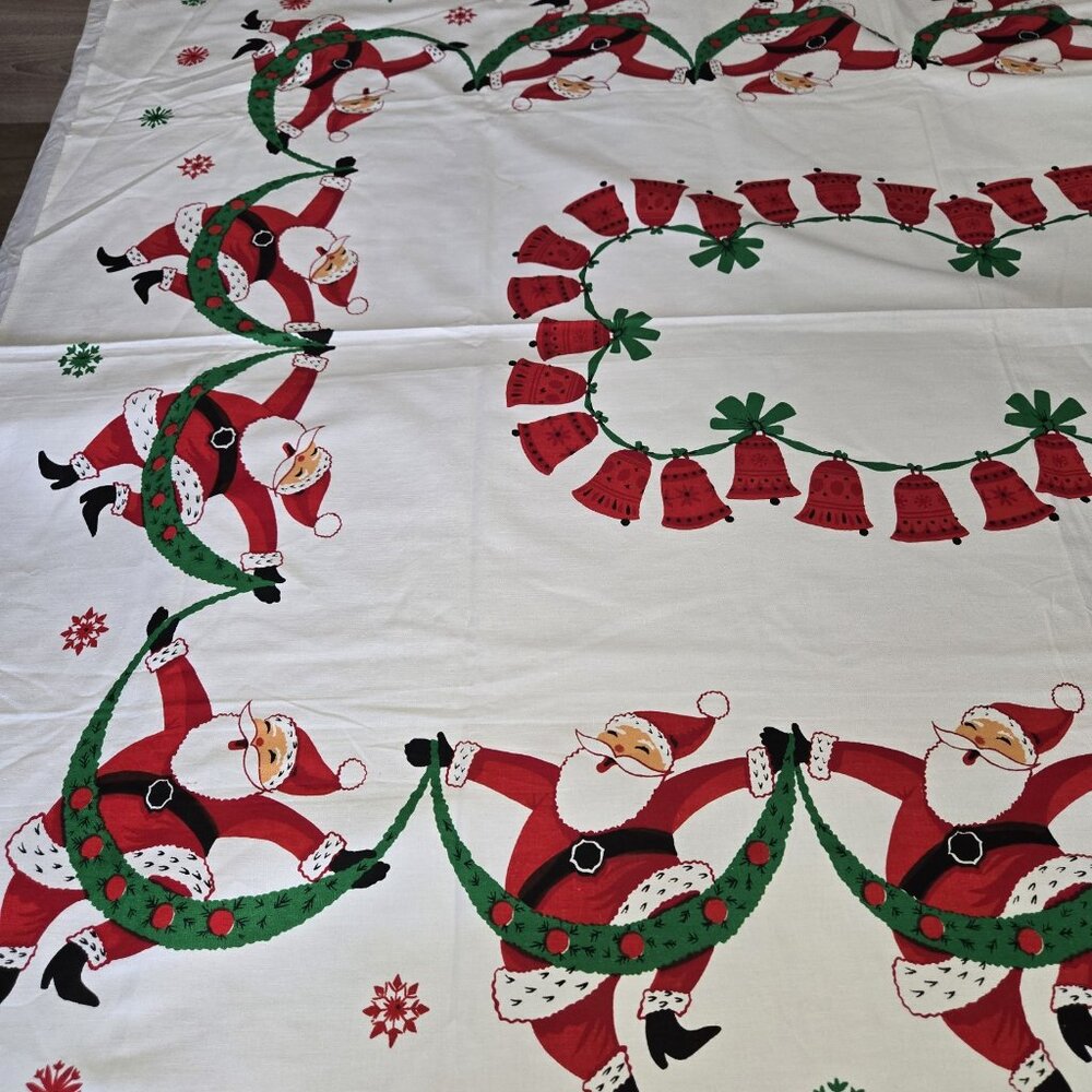Vintage Tablecloth Christmas Dancing Santa 1950s 60s Mid Century - Picture 7 of 11